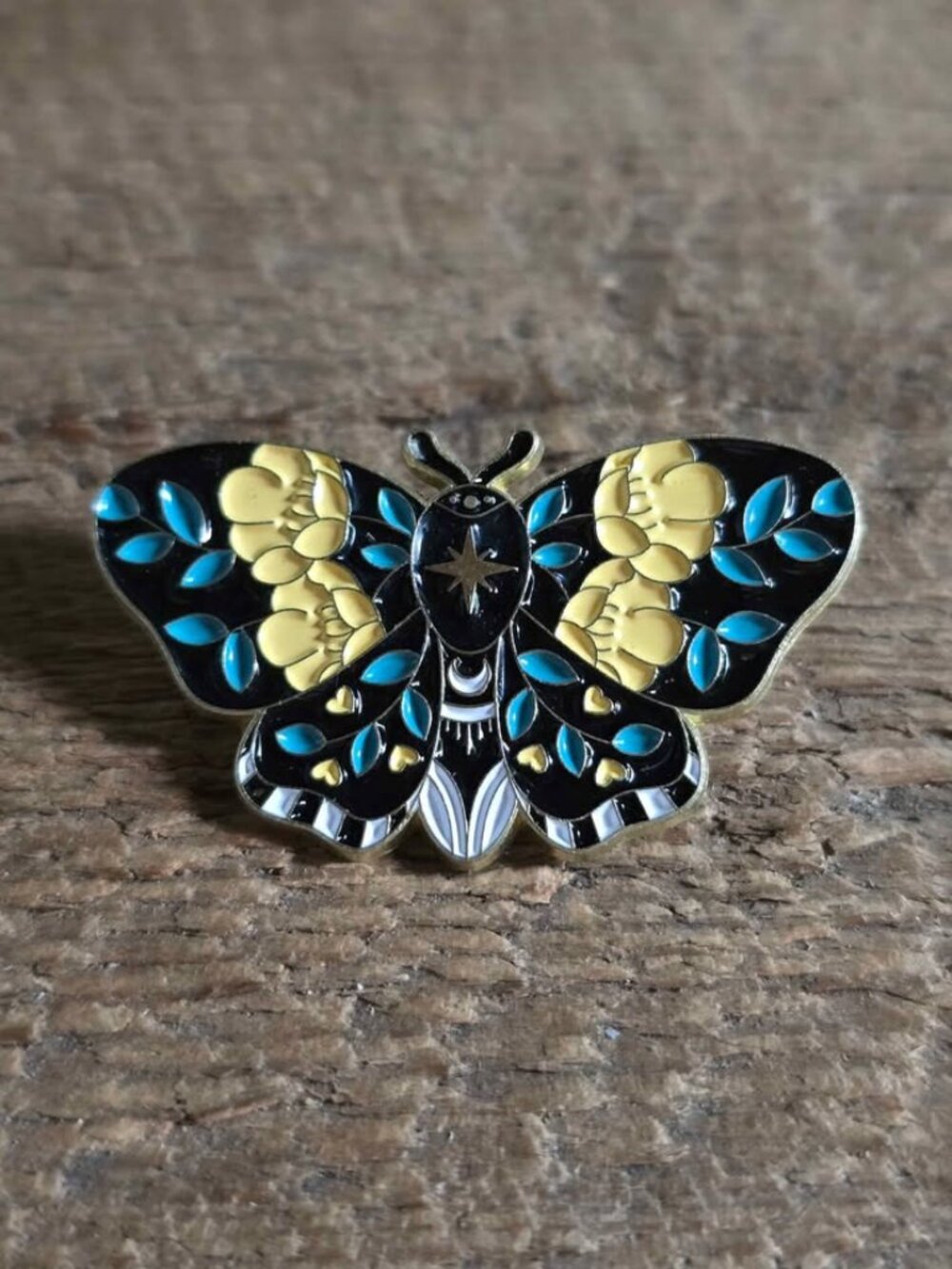 Moth Blue, Black, White, Yellow & Gold Enamel Pin